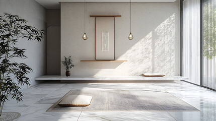 Minimalist zen room interior design with sunlight, marble floor, bamboo plant, and meditation cushion.