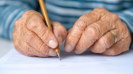 Close-up of elderly hands holding a pen, signing documents on a table.