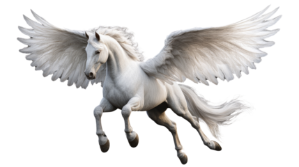Majestic Pegasus in Flight: A majestic white pegasus, a mythical winged horse, soars gracefully through the air, its powerful wings outstretched, embodying freedom, magic, and wonder. 
