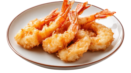 Crispy Coconut Shrimp: A close-up shot of golden brown, crispy coconut shrimp arranged artfully on a white plate, capturing the enticing aroma and tempting texture of this popular dish.  