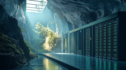 Futuristic Data Center in an Underground Cave