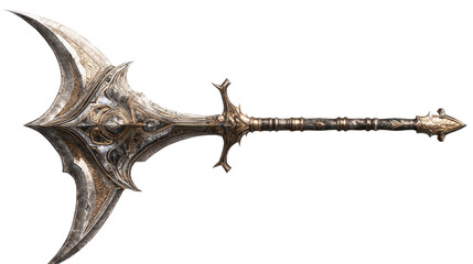 Obraz premium A Sword of Ancient Power: A formidable, intricately crafted sword with a double-edged blade and ornate embellishments. Its sharp curves and menacing design suggest a weapon of immense power.