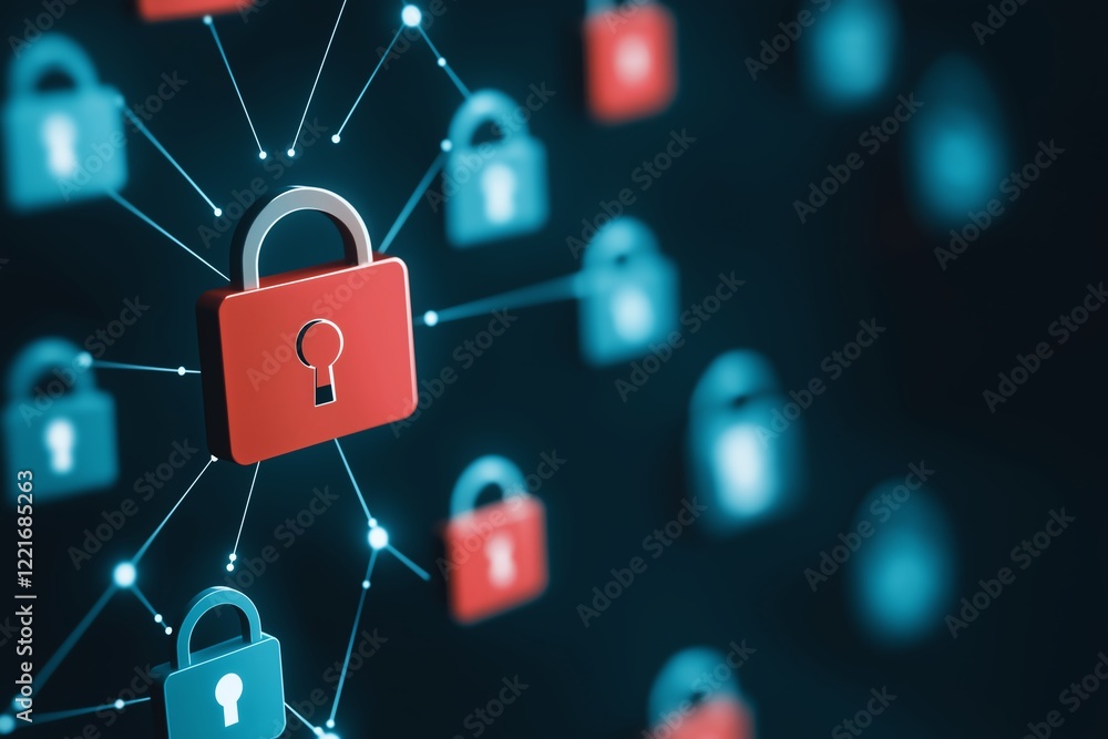 Poster a close-up view of digital security locks interconnected through lines. this illustration symbolizes