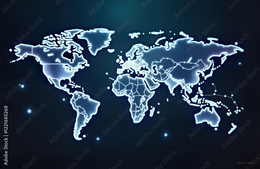 Poster global network visualization glowing digital map. worldwide connections illustrated in futuristic st