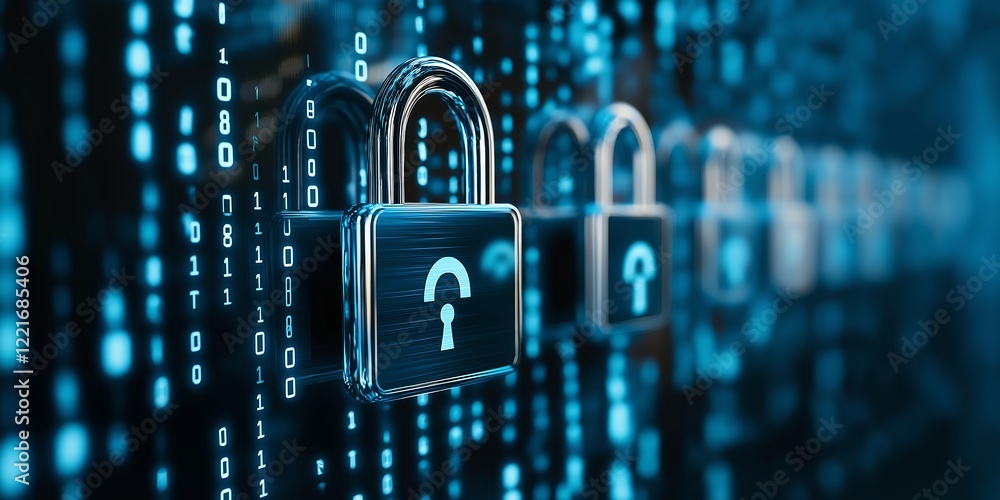 Poster a close-up view of digital padlocks overlaid on a matrix of binary code, symbolizing cybersecurity, 