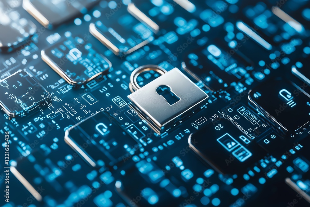 Poster close-up of a digital circuit board featuring a padlock symbolizing cybersecurity. the intricate des