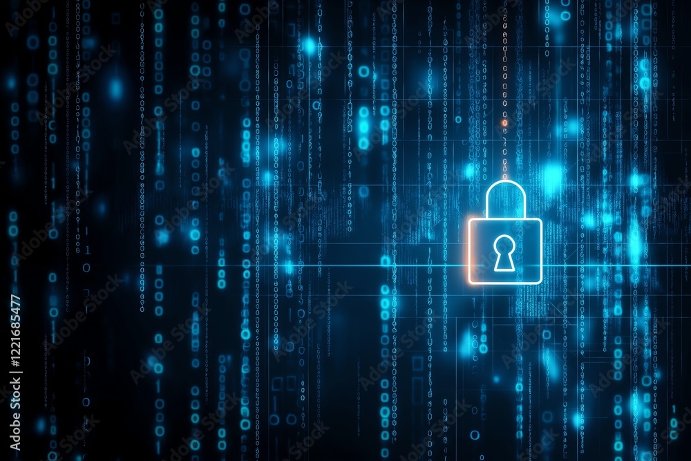 Poster a visually stunning representation of digital security, featuring glowing binary codes and a lock sy