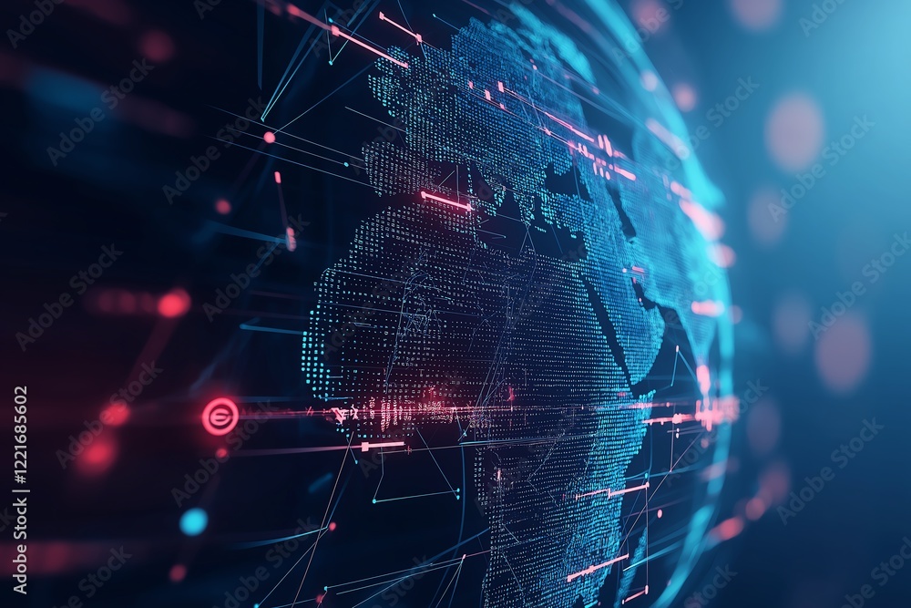Poster a futuristic digital representation of the globe, showcasing interconnected data and vibrant colors,