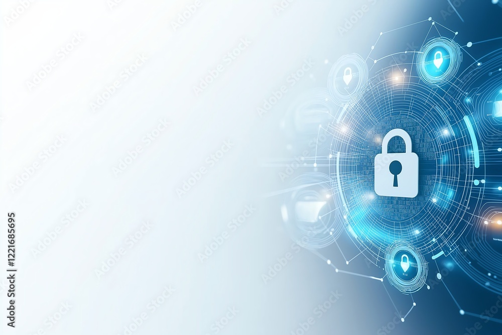 Poster a futuristic illustration depicting digital security with a padlock symbol, surrounded by interconne