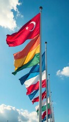 Obraz premium Flags being raised high on a pole, flags waved, flags