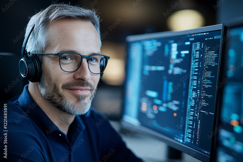 Poster a professional man working in a modern tech environment, wearing headphones and glasses, focused on 