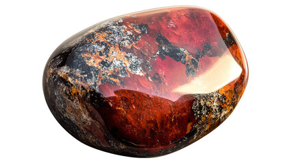 Red Jasper Tumbled Stone: A captivating tumbled stone of red jasper, showcasing intricate swirls of deep red, black, and white, revealing the beauty and complexity of natural gemstone formations. 