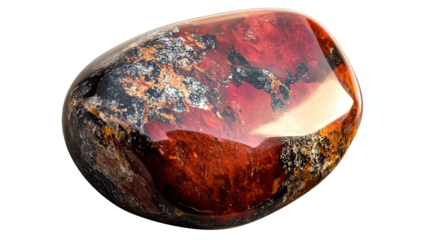 Red Jasper Tumbled Stone: A captivating tumbled stone of red jasper, showcasing intricate swirls of deep red, black, and white, revealing the beauty and complexity of natural gemstone formations. 