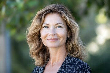 Naklejka premium Portrait of a Beautiful Mature Woman Smiling Outdoors Natural Light Happy Expression Middle Aged Female Attractive Blonde Hair Casual Style 