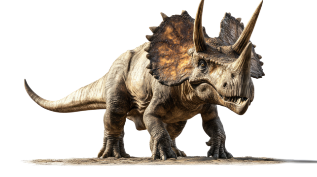 Triceratops Dinosaur: A fearsome Triceratops dinosaur, with its distinctive three horns and frill, stands imposingly against a neutral background.