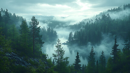 Misty mountain lake shrouded in fog, viewed from a high vantage point.