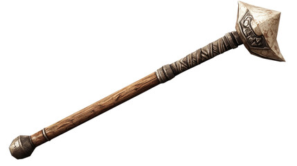 Medieval Mace: An ornate medieval mace with a wooden shaft, intricate metal detailing, and a formidable spiked head, evokes images of medieval combat, history, and power.