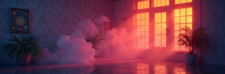 Foggy room with glowing window, glow, atmosphere, mist