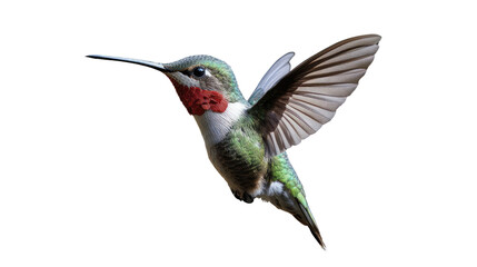 Hummingbird in Flight: A vibrant hummingbird, with iridescent green feathers and a brilliant red throat, hovers in mid-air, wings a blur of motion.  Its long, slender beak is perfectly poised.