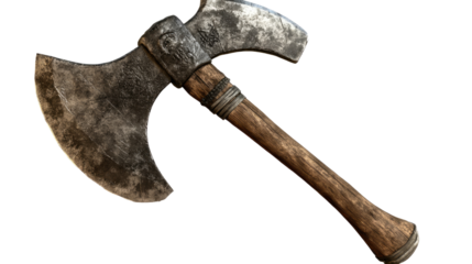 Ancient Double Bit Axe: A weathered, double-bit axe with a rustic wooden handle, evoking images of strength, craftsmanship, and history. The axe's worn surface hints at years of use.