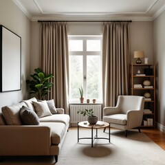 Beige contemporary living room with blackout curtains. Elegant furniture and plants. Cozy atmosphere with view of nature outside. Classic design elements in modern setting. Perfect for hotel or home.