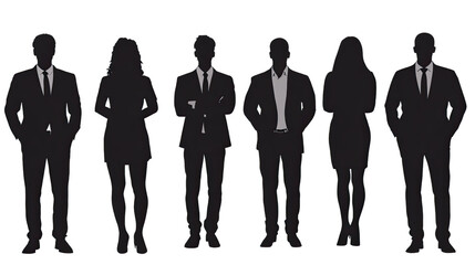 Silhouettes of Success: A powerful visual of a group of six professional silhouettes standing confidently in a row, symbolizing teamwork, unity, and collective success.