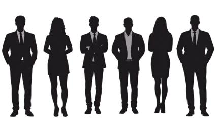 Silhouettes of Success: A powerful visual of a group of six professional silhouettes standing confidently in a row, symbolizing teamwork, unity, and collective success.