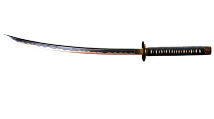 Obraz premium Katana Sword: A meticulously crafted katana, a traditional Japanese sword, with a curved blade, black scabbard, and intricate details, isolated against a clean backdrop.