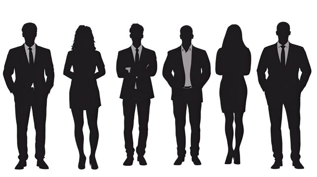 Silhouettes of Success: A powerful visual of a group of six professional silhouettes standing confidently in a row, symbolizing teamwork, unity, and collective success.