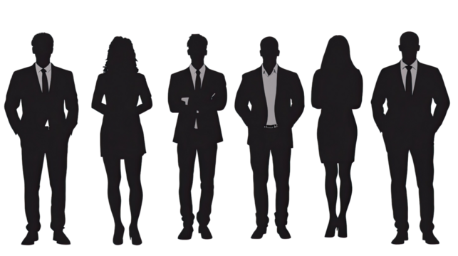 Silhouettes of Success: A powerful visual of a group of six professional silhouettes standing confidently in a row, symbolizing teamwork, unity, and collective success.