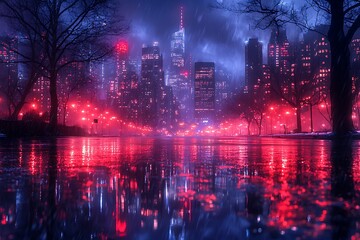 Obraz premium Night Cityscape Rain Reflection Urban Lightscape