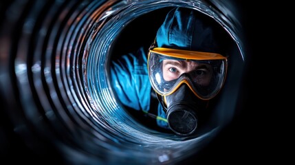 A person in protective gear navigating through a metallic tunnel.