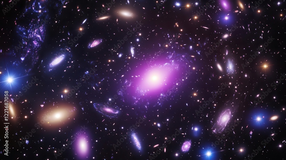 Wall mural deep space nebula with swirling galaxies and star clusters in rich purples and blues creating a mesm