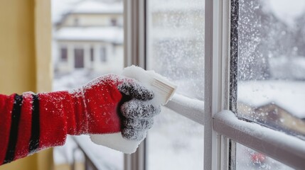 Cleaning snow from a window on a winter day.