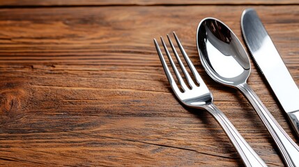 A fork, spoon, and knife arranged on a wooden table, ready for a meal.