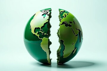 A green globe split in half, symbolizing division and environmental themes, with a focus on Earth and its continents.