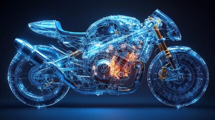 Blueprint Motorcycle: A Digital Rendering of a Cafe Racer's Internal Mechanics