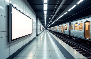 Modern subway station interior shows blank billboard advertisement board. Clean white tiles cover walls, floor. Fast moving train passing through station. Urban public transport scene. Empty space