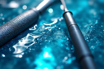 Naklejka premium The image features close-up shots of sleek, metallic tools partially submerged in shimmering blue water, creating a striking contrast and a serene ambiance.