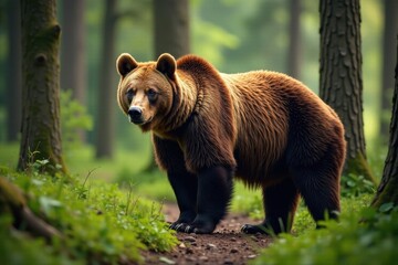 Obraz premium Big brown bear in the woods with branches, brown bear, tree, animal