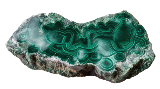 Malachite Slab: A captivating polished slab of malachite reveals its mesmerizing concentric bands of vibrant green, showcasing the gemstone's unique and intricate patterns.