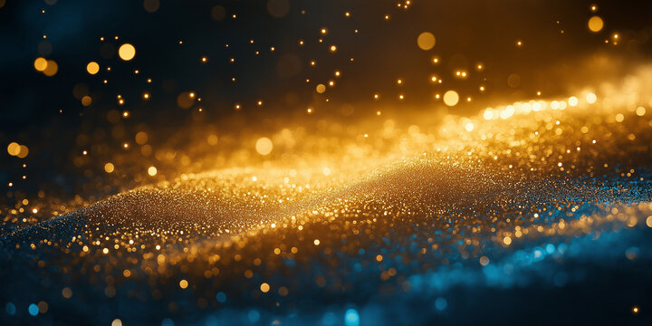Dynamic golden particles dance over a blue background abstract visual art digital artwork studio environment close-up viewpoint modern aesthetics