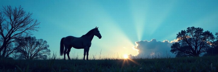 Fototapeta premium Horse silhouette against blue sky with trees, landscape, horse, animals