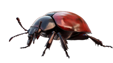 Crimson Beetle Close-Up: A detailed, high-resolution close-up of a striking crimson and black beetle, showcasing its intricate exoskeleton and tiny legs.