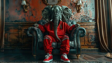 Fototapeta premium Fashion Shot of a Stylish Elephant Wearing Designer Urbanwear and Trendy Sneakers