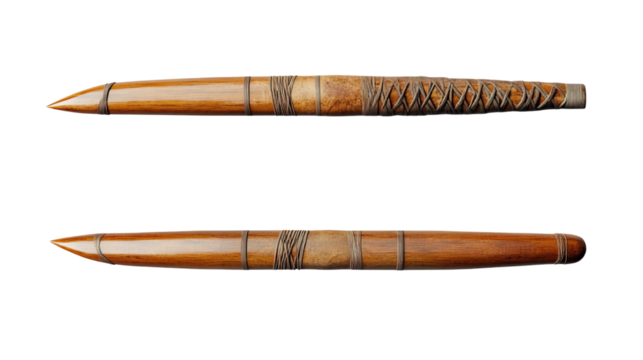 Polynesian Tribal Knives: Two intricately carved wooden knives, showcasing traditional Polynesian craftsmanship and artistry.