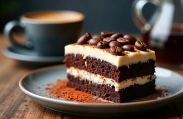 Delicious chocolate cake slice with coffee beans and a cup of coffee. Tasty treat on a plate with cocoa powder. Perfect dessert for a cafe or bakery. Enjoyable sweet food.
