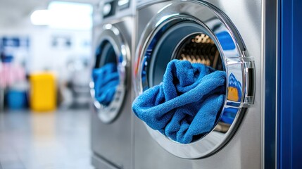A close-up of a washing machine with a blue towel inside, depicting laundry activity.