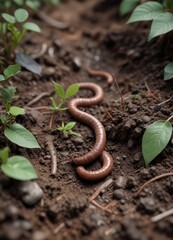 Close up of earthworms in soil with leaves and twigs, organic, insects, soil