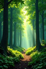 Obraz premium Lush forest with towering trees and sunlight filtering through leaves , forests, sunlight, nature